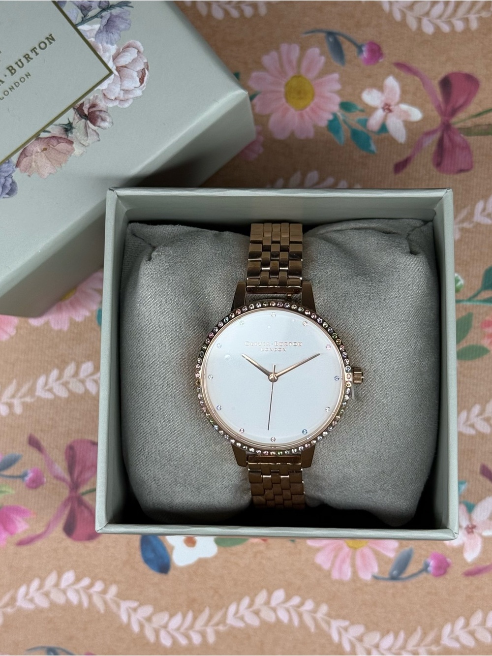 OLIVIA BURTON Rose Gold Bracelet Watch/ White Dial and Swarovski Crystal Bezel
